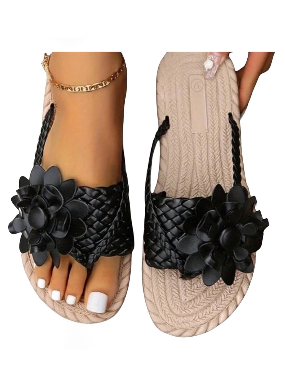 Boutique Faux Woven Leather Black Floral Embellished Strap and Thong Sandals